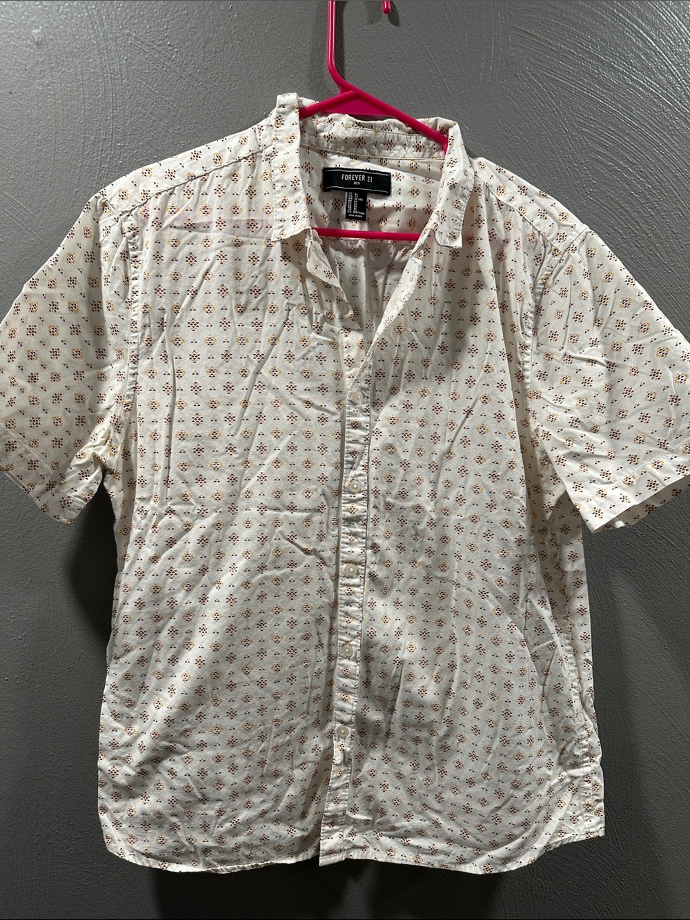 Forever 21 Men's Cream Short-Sleeve Button-Down with Rust Microprint